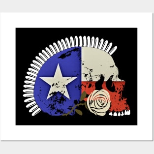 Texas Flag Skull with Bullet Mohawk and White Rose Posters and Art